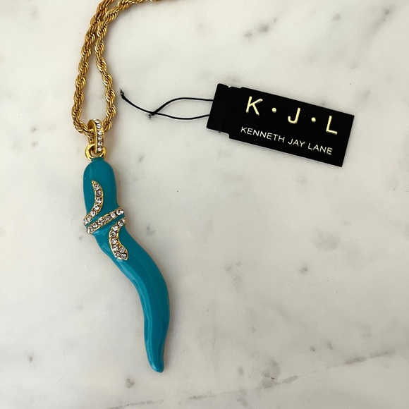 Kenneth Jay Lane Blue & Gold Snake Pendant Necklace Enamel & Golden Chain KJL - Picture 2 of 10